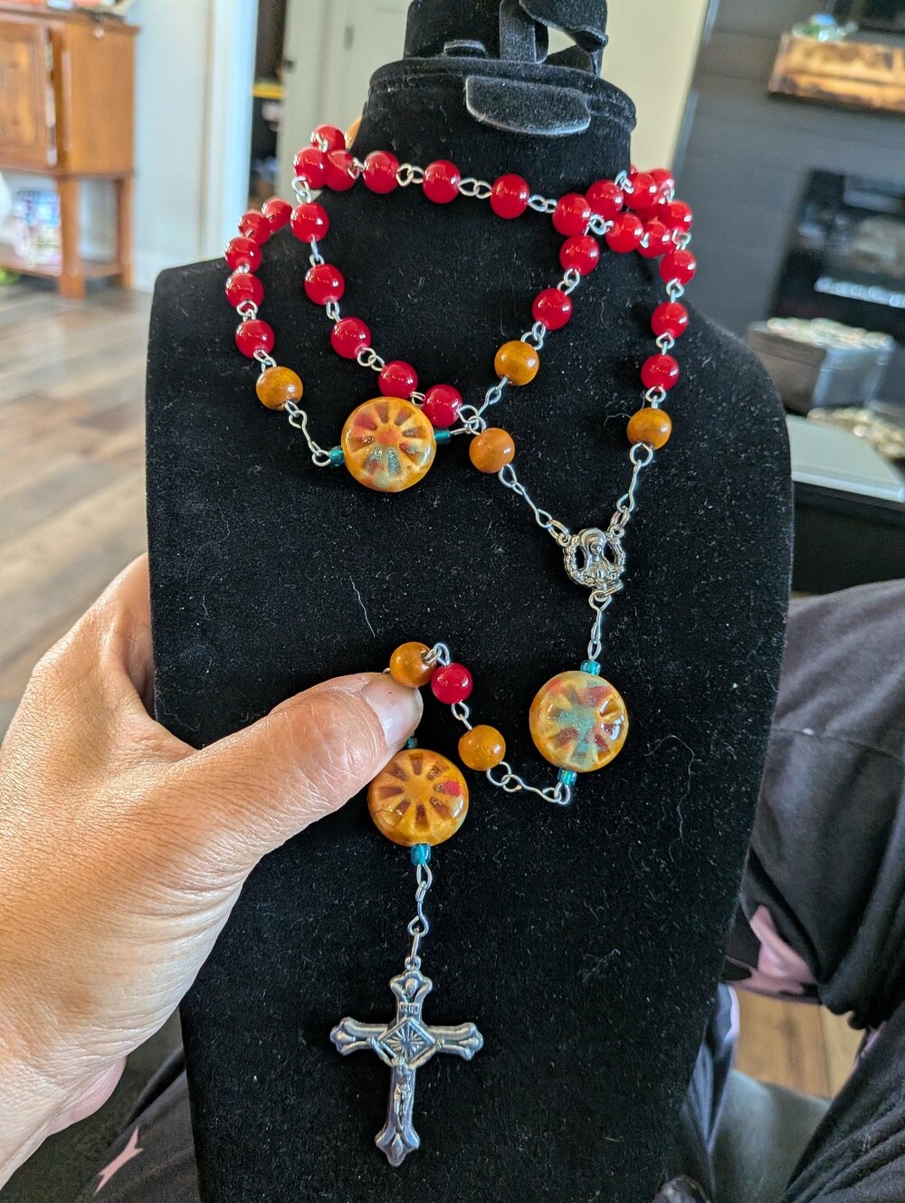 Orange Red And Blue Beaded Rosary